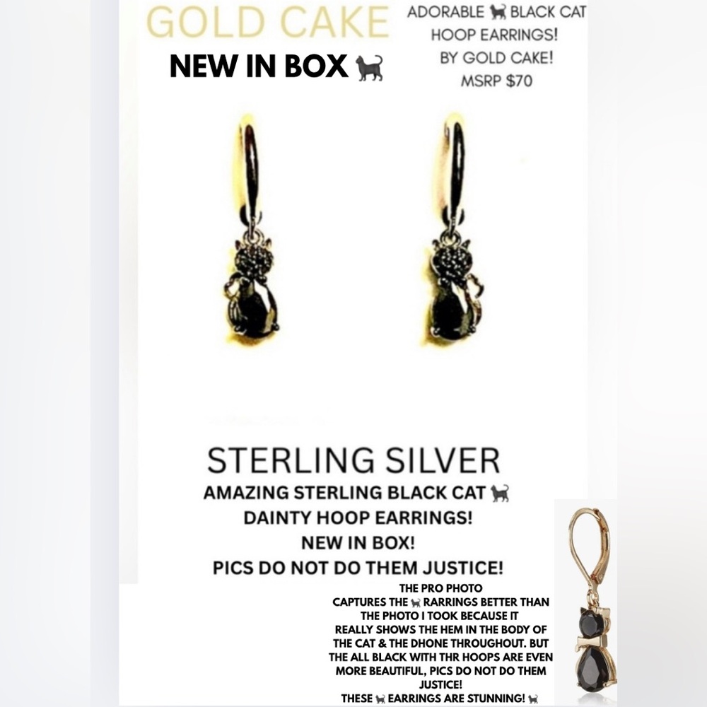 NIB! 🐈‍⬛ GOLD CAKE STERLING SILVER BLACK CAT EARRINGS! W/HOOPS! I ❤️ THESE!